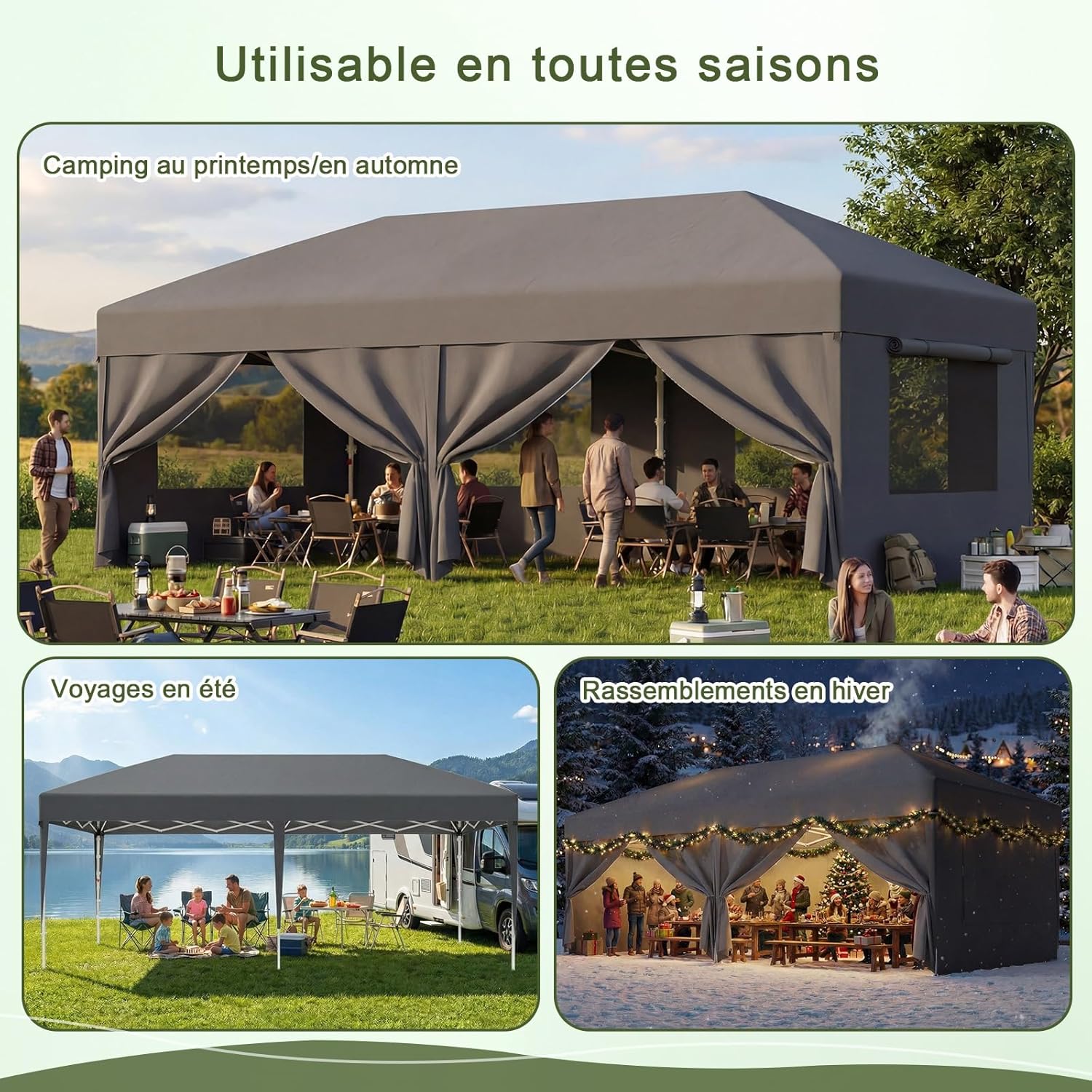 Devoko - tonnelle pliante série gris - 3x6m - imperméable, protection UV 50+, fenêtres moustiquaires