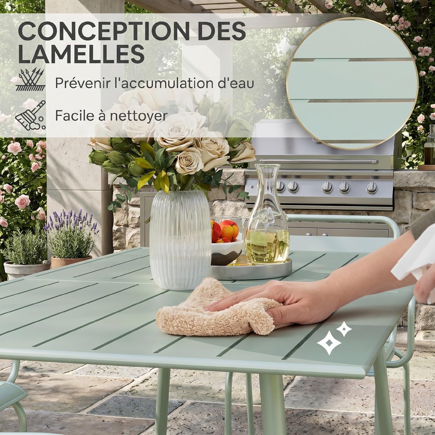 Outsunny - Salon de jardin 7 pièces - Table + 6 chaises acier vert clair - Empilables, extérieur