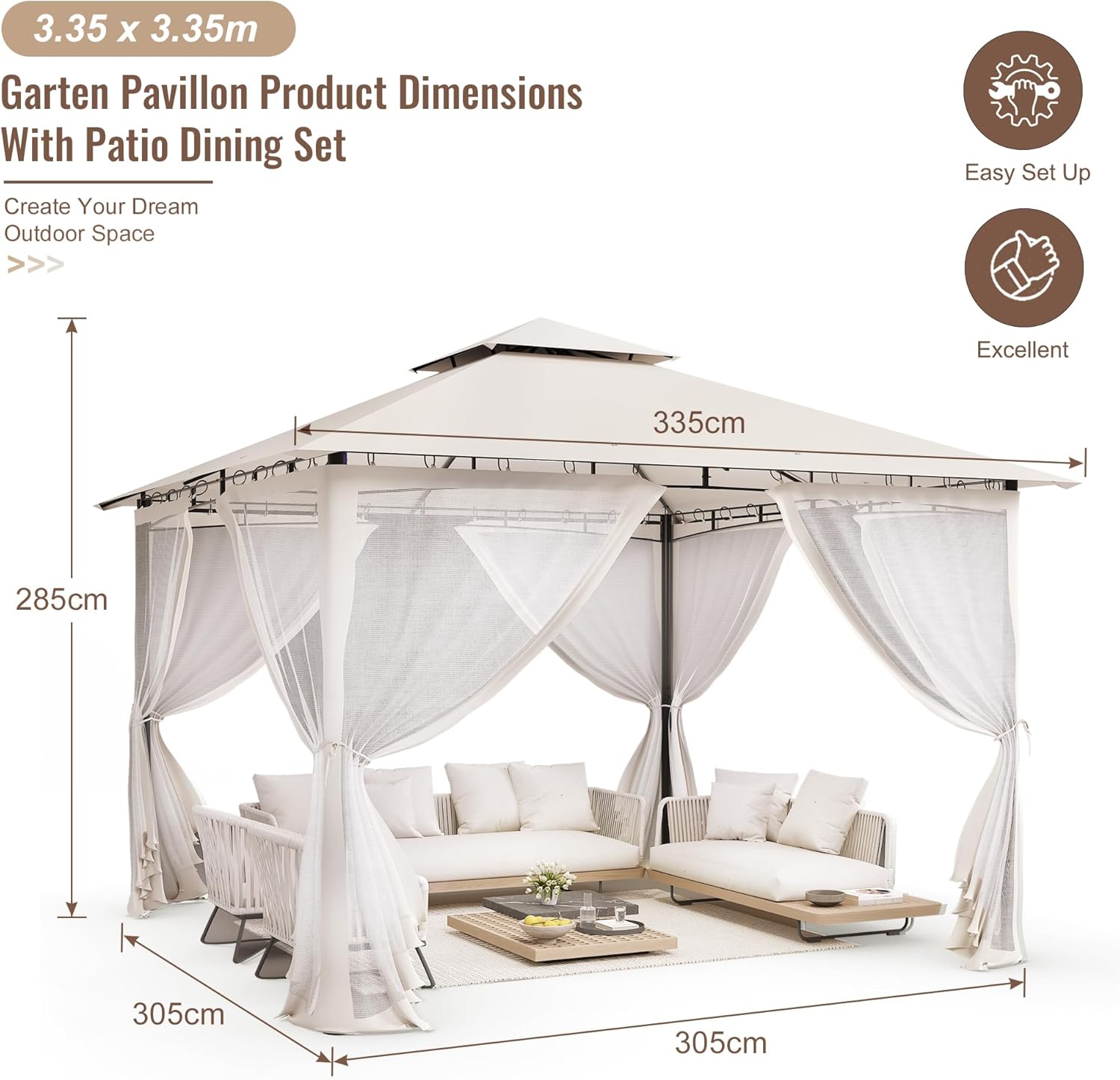 UDPATIO - tonnelle double toiture 3.4x3.4m, moustiquaire, métal solide, UDPATIO