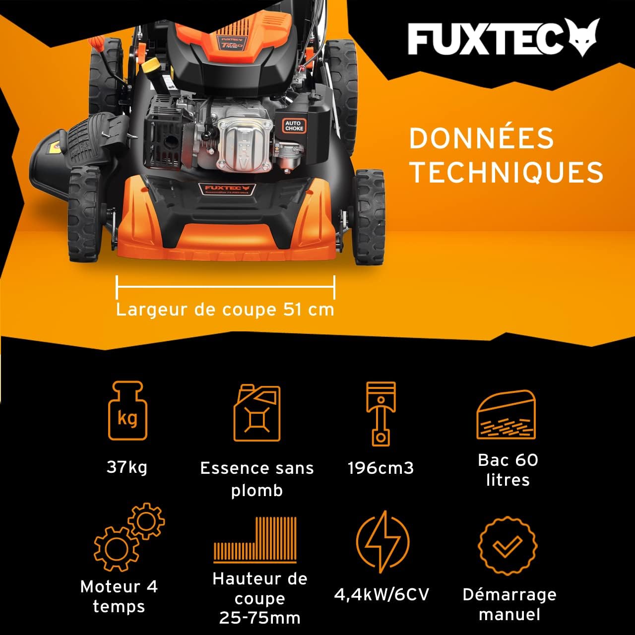 FUXTEC - tondeuse thermique autopropulsée 51cm, 196cm3, mulching, 60L, FX-RM5196
