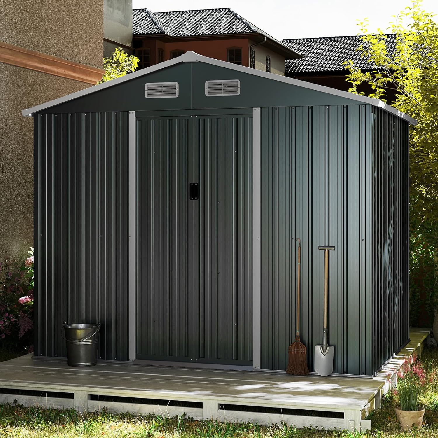 Abri de jardin métal 4m² - toît double pente, portes coulissantes, 