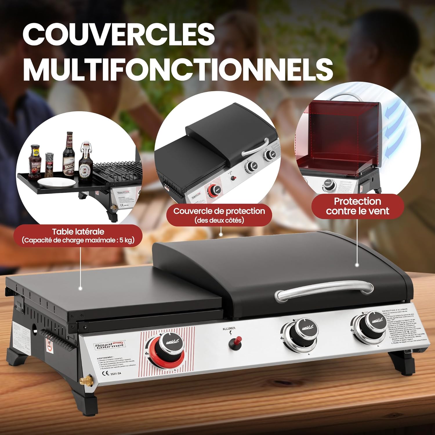 Royal Gourmet - barbecue gaz 3 brûleurs - 8,5kW - plancha, grille, couvercle multifonction