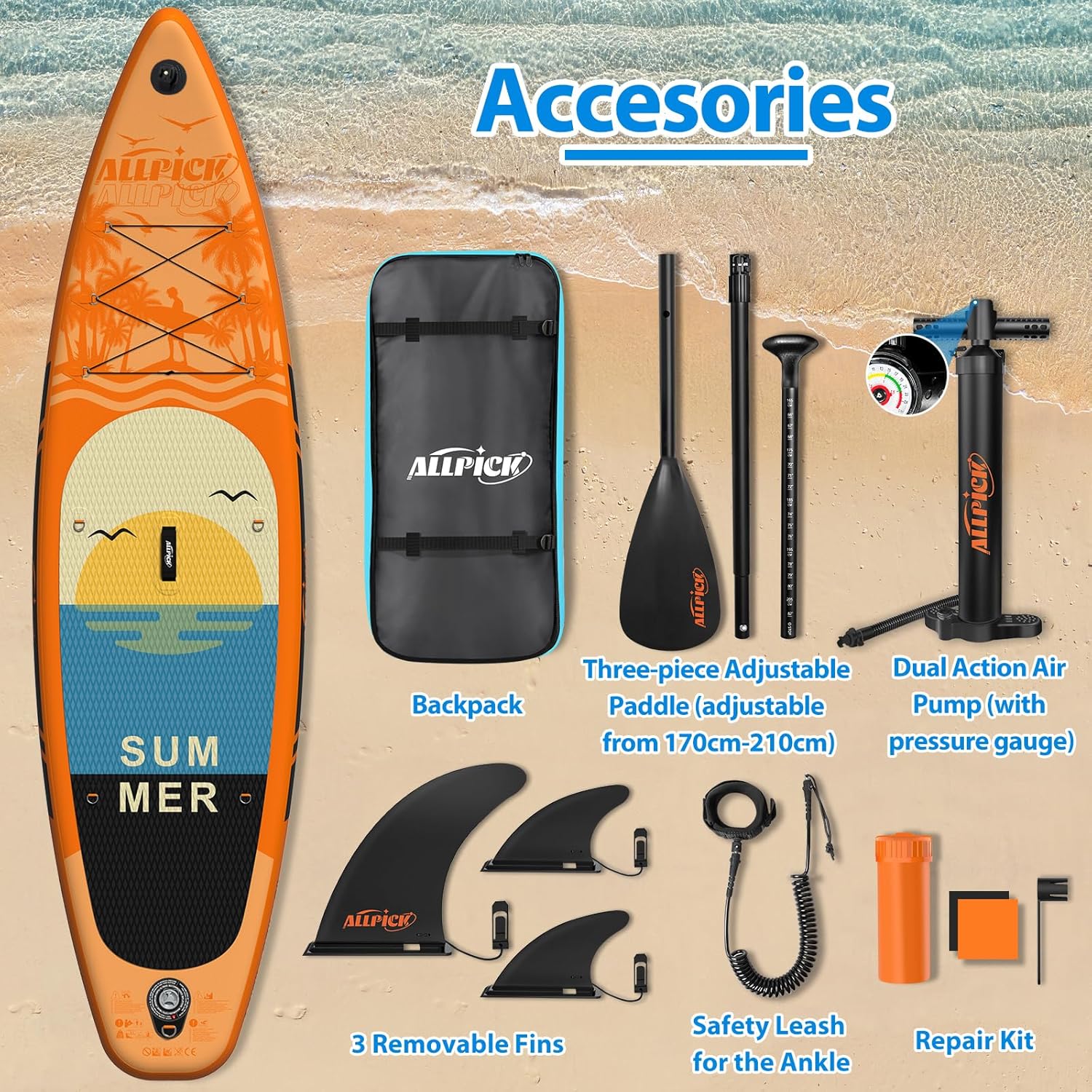 ALLPICK - Paddle gonflable 320 cm - caméra, pagaie réglable, 200 kg