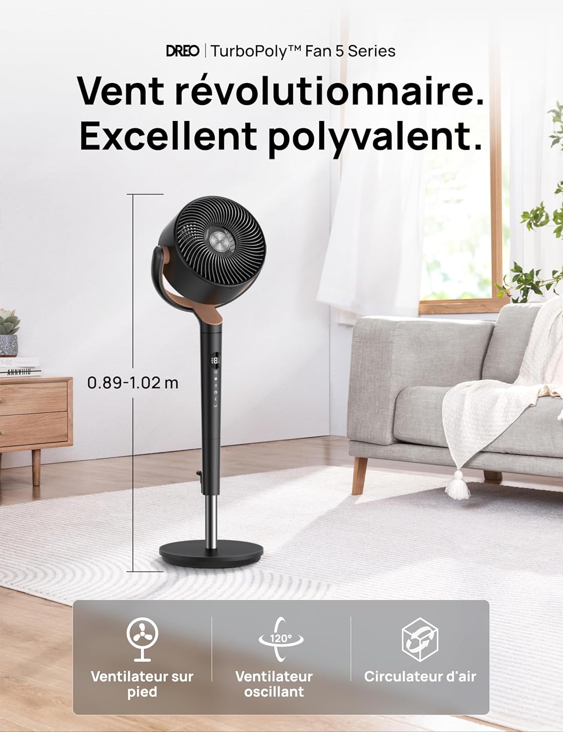Dreo - ventilateur sur pied - 94-107 cm - 20 dB, oscillation 120°, portée 26 m