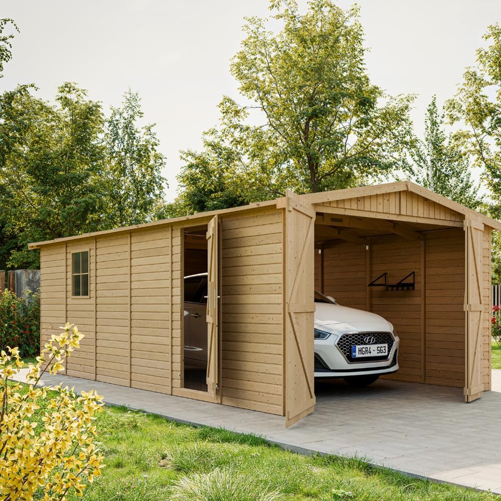 TIMBELA - Garage de jardin bois, 18m², 616x324x222cm, abri, M102