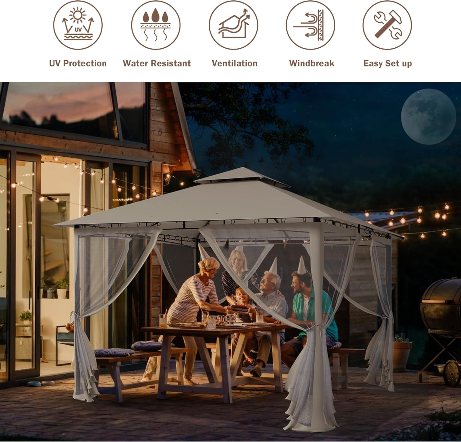 UDPATIO - tonnelle jardin série double toit - 2.8x2.8m - métal, moustiquaire, beige