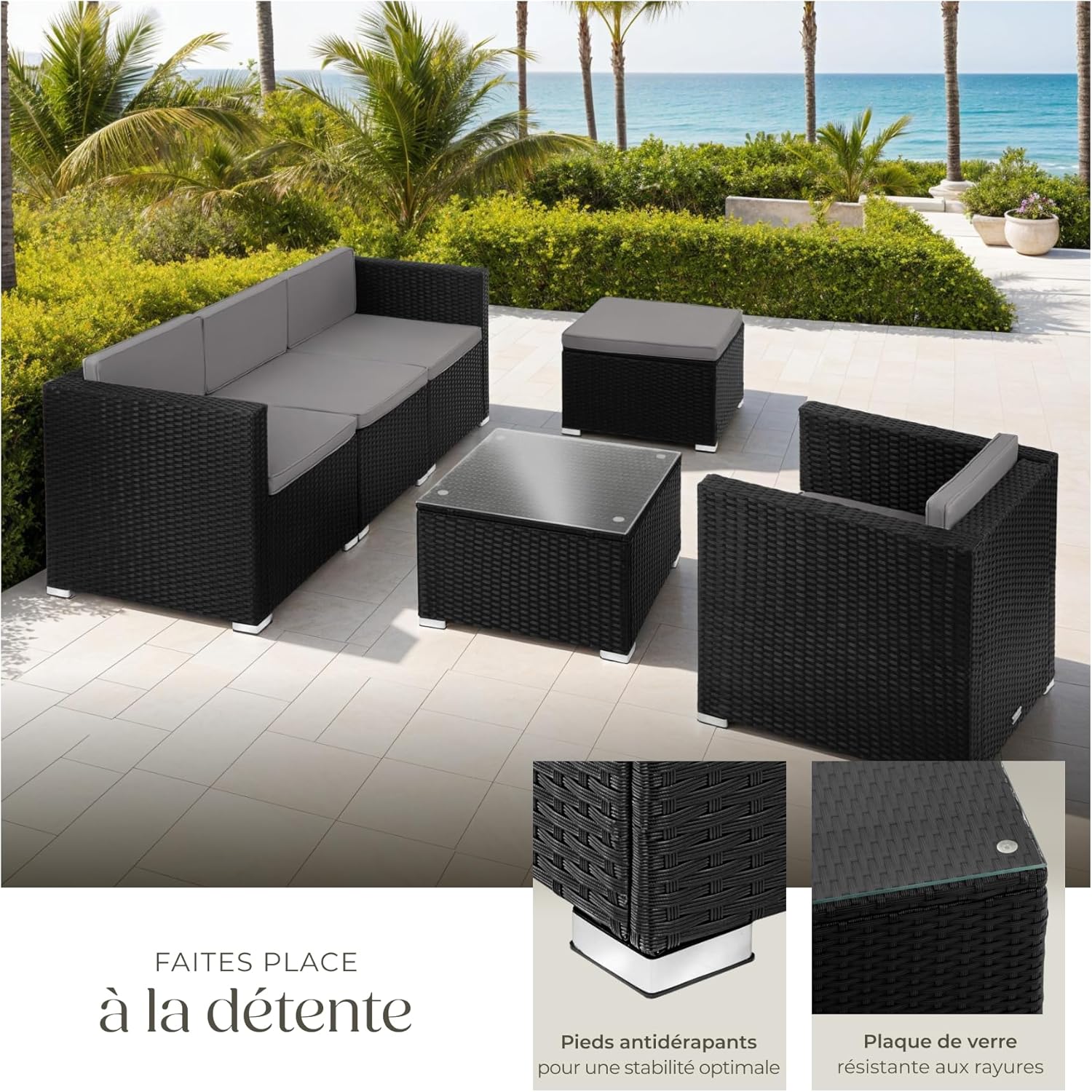 tectake - salon modulable 5 places poly rotin - coussins inclus - 4 fauteuils, 1 pouf, 1 table