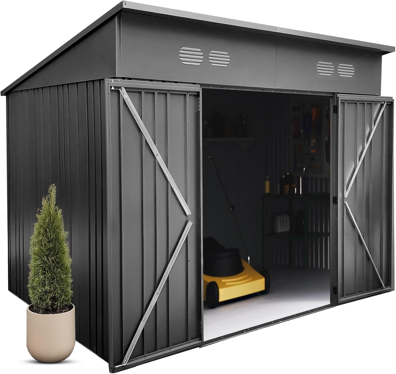 Hoggar - Abri de Jardin Pioneer - 256x221x215cm - Portes renforcées, serrure avec clé, plafond robuste, autoportant - Y7