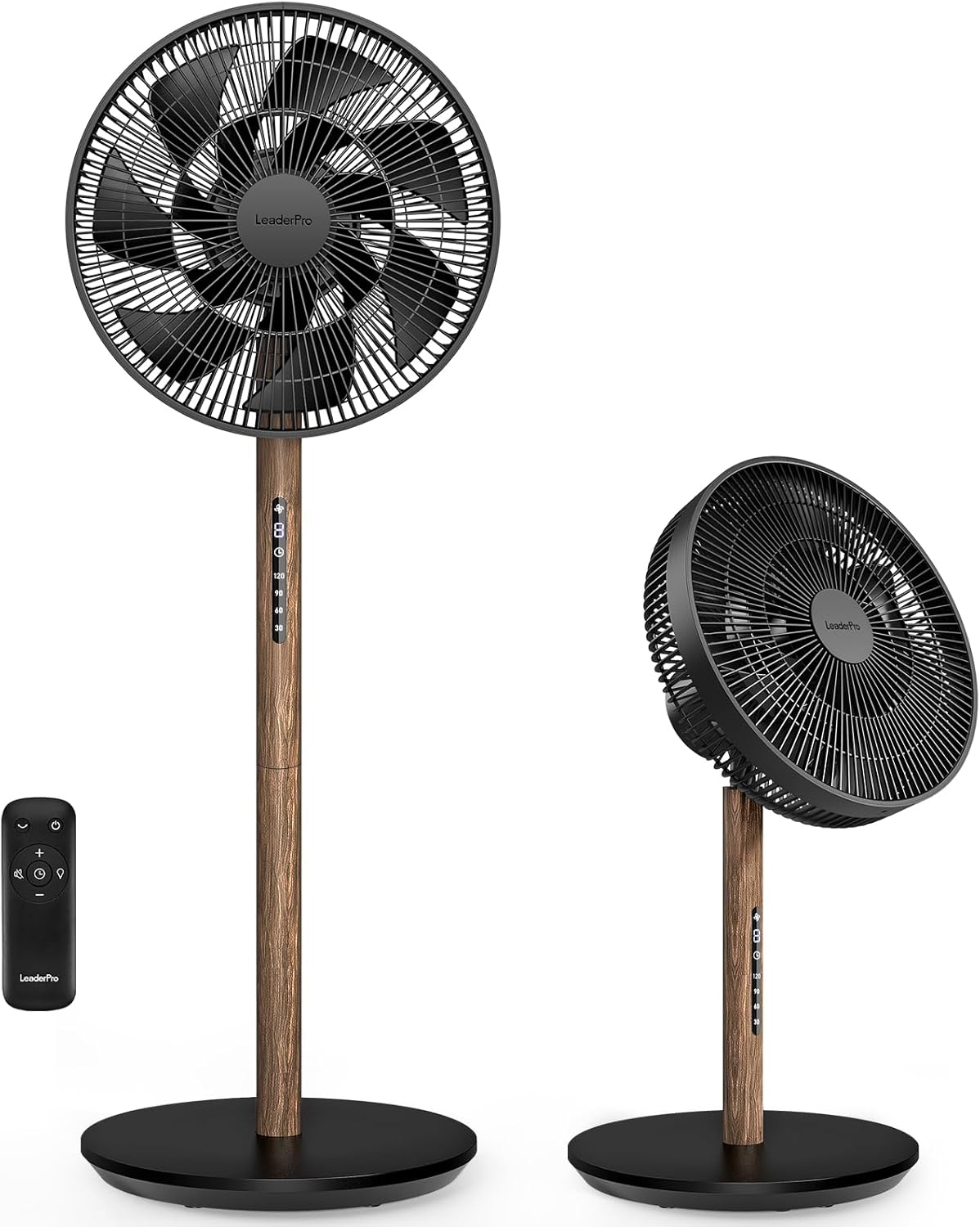 LeaderPro Ventilateur sur Pied Silencieux 12,8 dB avec Télécommande, Débit d'Air de 1980 m³/h, Double Lames Puissantes, Oscillation 120°, 8 Vitesses, Minuterie 8 h, Hauteur Réglable, Moteur DC, Noir