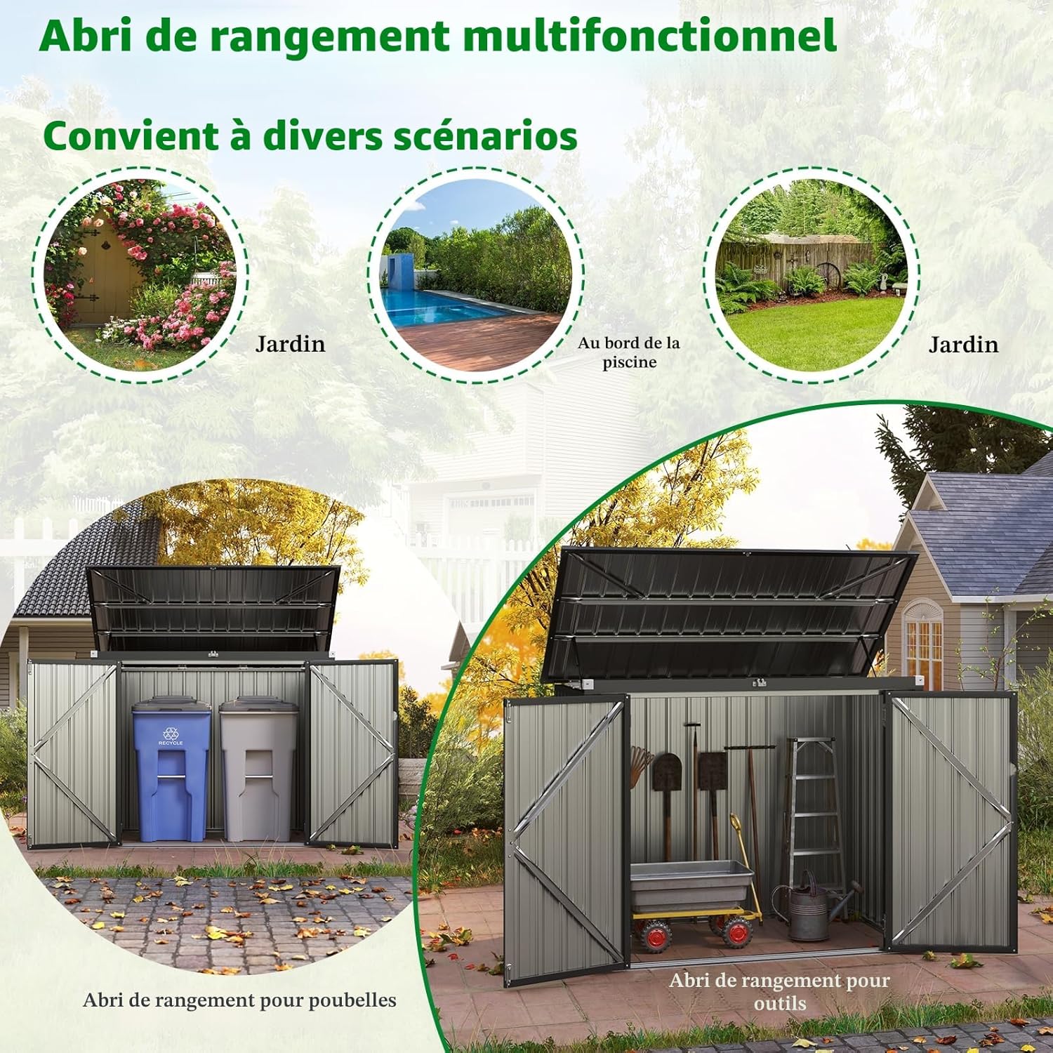 HOMASIS 1.7m Abri de Jardin Métal Exterieur avec Couvercle Rabattable, Cabane de Jardin avec Double Porte, Abri à Outils Structure Renforcée, Haute Résistance pour Ferme, Terrasse,172 x 101 x 130 cm