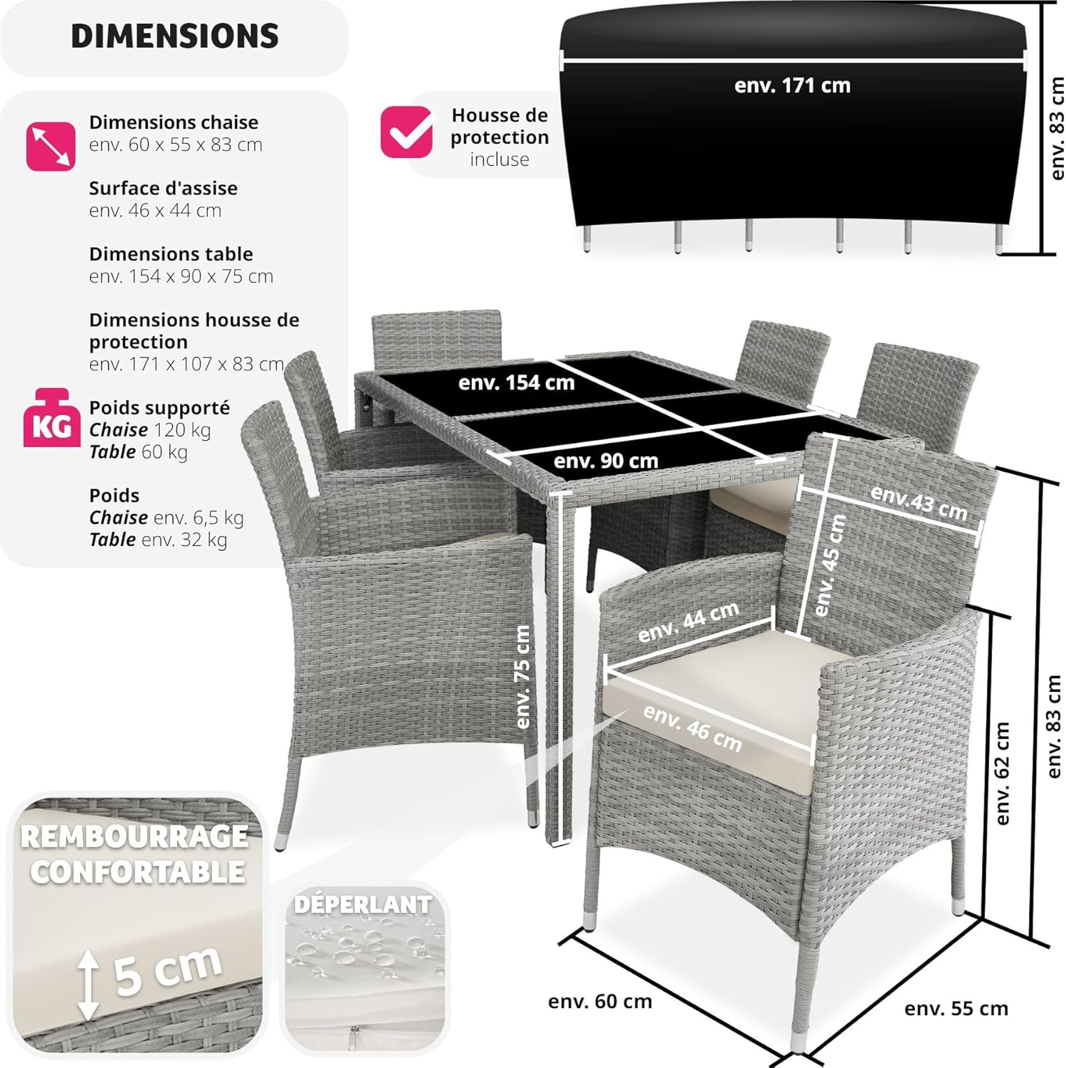 tectake - Salon jardin poly rotin, table et 6 chaises, UV, gris clair/crème